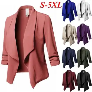 8230269 yeni artı boyutu kadın yaka takım elbise ceket ceket Blazer bayanlar uzun kollu hırka Slim Fit fırfır katı küçük takım elbise ceket