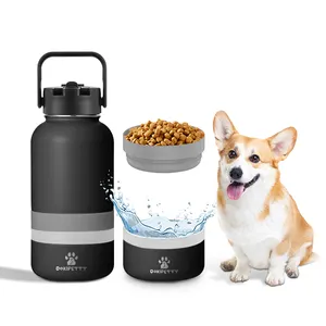Bottiglia d'acqua per cani in acciaio inossidabile isolata 2024 con 2 ciotole extra per animali domestici per mangimi e snack facili da viaggiare all'aperto