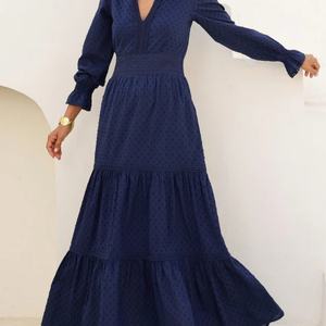 Vestido Maxi de Algodón y Lino con Volantes y Bordado de Ojales Personalizable, Elegante, Cuello en V, Casual, con Mangas Acampanadas y Encaje para Mujer - Product Image 2