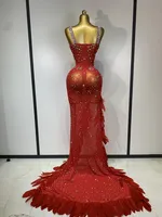 Robe longue maxi transparente pour femme, dos nu, ornée de strass scintillants et de plumes, sexy, pour soirée d'anniversaire, fête, ou costume de scène pour chanteuse
