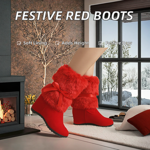 Botines de Plataforma con Lazo para Mujer, Color Rojo Festivo de Invierno, para Navidad, Año Nuevo y Bodas, con Suela de Goma y Tacón Alto - Product Image 2