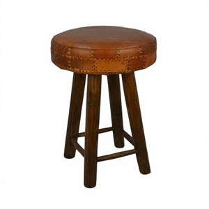 Farmhouse Retro Style <b>Leather</b> Bar <b>Stool</b> Round Stitched Seat Wood Legs Counter Height <b>Stool</b> for Restaurant Bar - Product Image 3