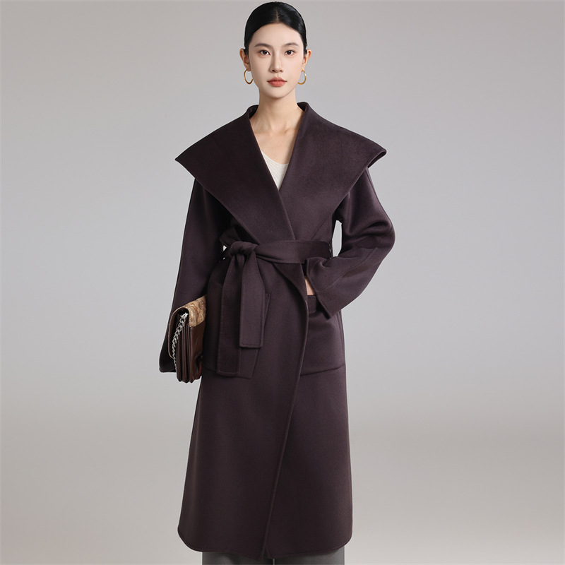 Autumn Winter Hooded Double-sided Fleece-lined Cashmere Coat Women Long Loose Casual Thickened Belt Elegant Woolen Lace-up