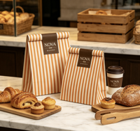 Sac en papier kraft rayé 100 % recyclé, personnalisé en usine, de qualité alimentaire, pour l'emballage de pain et pâtisseries à emporter, recyclable