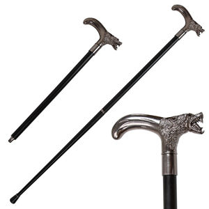 Bastón de Lujo con Cabeza de Lobo Plateada, Mango de Metal, Eje Negro, Diseño Animal Tallado, Bastón de Caballero, Venta al por Mayor - Product Image 1
