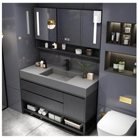 Armoire de Salle de Bain Murale Moderne à Double ou Simple Vasque, en Panneau de Bois, avec Miroir et Lavabo, Vente en Gros