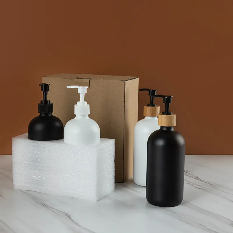 Botol sabun cair kaca cuci tangan, hitam Matte 250ml 500ml dengan pompa Dispenser dan kotak yang dapat disesuaikan