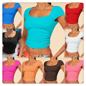 <span class=keywords><strong>Camiseta</strong></span> Corta de Algodón Acordonado de Moda de Alta Calidad, <span class=keywords><strong>Camiseta</strong></span> Corta Informal de Verano para Mujer, Estampada, Elástica, para Mujer - Product Image 2