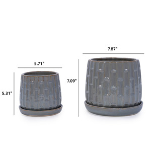 Juego de 2 macetas de cerámica gris esmaltada de 6 y 8 pulgadas de diámetro con patrón acanalado vertical para suculentas y hierbas de interior y exterior - Product Image 6