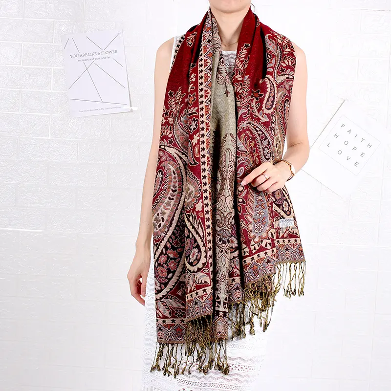 Pashmina Scarves Manufacturer Wholesale Retro Long Scarf Paisley Jacquard Cotton Wrap Shawl With Tassels