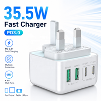 Adaptateur de charge rapide 35,5W à 4 ports, bloc chargeur mural multi-ports PD3.0 Type C, prise UK AU EU US pour iPhone 17 Samsung