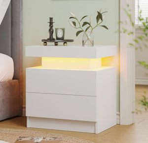 Table de chevet moderne SENYU avec LED blanches, table de chevet pour chambre à coucher avec 2 tiroirs en bois, table d'appoint - Product Image 1