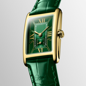 Montre à quartz pour femme, cadran rectangulaire avec chiffres romains, petit cadran secondaire, bracelet en cuir, boîtier doré, montre-bracelet Longinesing - Product Image 1