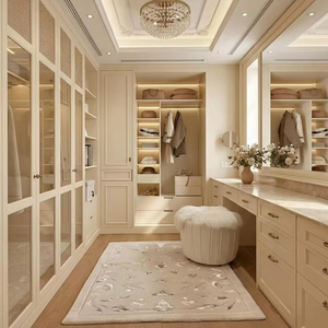 Custom French Style Walk-in Closet Luxury Wooden Wardrobe System Master Bedroom Furniture <strong>with</strong> LED Lighting and <strong>Dressing</strong> <strong>Table</strong> - Product Image 1