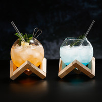 Verre à cocktail créatif en forme de boule avec support en bois, coupe transparente en forme de lune pour jus, vin, boissons froides, restaurant, bar, vente en gros