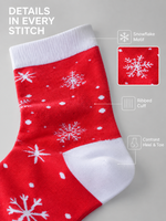 Chaussettes de Noël personnalisées OEM ODM en jacquard flocon de neige, chaussettes en tricot festives rouge et blanc contrastées pour coffrets cadeaux de fêtes
