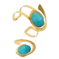 Ensemble de bijoux fantaisie, bracelet géométrique en spirale avec grosse pierre, bracelet épais en or et ensemble de bagues pour femmes