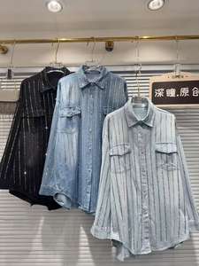 Camicie e camicette in Denim <span class=keywords><strong>Oversize</strong></span> con diamanti a righe di tendenza autunno 2025 abbigliamento <span class=keywords><strong>donna</strong></span> ampia giacca Casual in Denim - Product Image 2