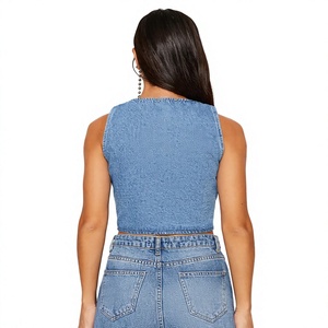 Blue Denim Corset Vest Regular Fit V-Neck Sleeveless <b>Top</b> with Eco-Friendly 240g Fabric Breathable & Quick Dry Vintage Summer - Product Image 6