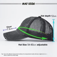 Gorra de béisbol unisex vintage de mezclilla desgastada con malla cruzada en la parte trasera y cola de caballo, estilo camionero, deportiva y ajustable.