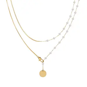 Bijoux à la mode à une et double couche Collier de perles imitées à longue chaîne en acier inoxydable plaqué or 18 carats pour femmes
