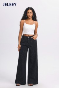 JELEEEY Pantaloni in denim da donna a vita alta e gamba larga con motivo a pois con paillettes, vestibilità ampia, lunghezza intera, jeans casual estivi - Product Image 6