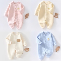 Warmer Baby-Strampler mit Vertikalstreifen, Baumwollgefüttert, Neugeborenen-Bodysuit mit Bären-Applikation, Langarm mit Druckknöpfen, Herbst-Winter-Babyoverall