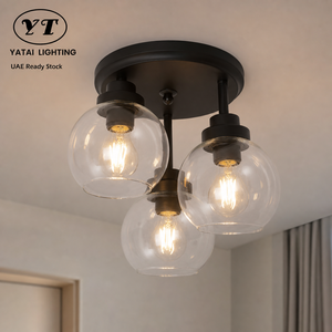 Modern 3 <b>Light</b> Semi Flush Mount Ceiling <b>Light</b> Fixture Clear Glass Globes <b>Black</b> Iron For Home Living Room Bedroom - Product Image 1