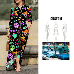 Robe longue maxi élégante vintage pour <span class=keywords><strong>femme</strong></span>, style chemise, à manches longues, motif têtes <span class=keywords><strong>de</strong></span> <span class=keywords><strong>mort</strong></span> mexicaines colorées, avec épaules à volants, boutonnée et taille haute - Product Image 1