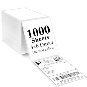 Étiquettes d'expédition thermiques directes réutilisables blanches 4x6, 1000 étiquettes imperméables avec adhésif puissant, étiquettes d'envoi perforées en accordéon - Product Image 1