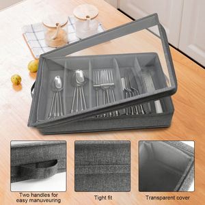 Non-Woven Fabric Silverware <b>Storage</b> Case with Adjustable Dividers & Transparent Lid & Hardboard Support - Product Image 4