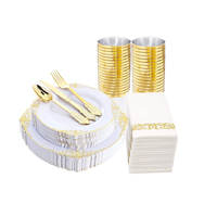 Vaisselle en plastique transparent et or assiettes tasse serviette couverts couteau fourchette cuillère 175 pièces ensemble Service pour 25 invités fête événement