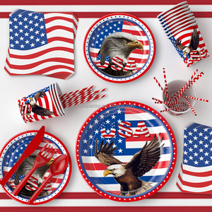 Nouvelles fournitures de fête du 4 juillet, fête de l'indépendance, style dessin animé, vaisselle jetable en papier, ensemble de décoration de table, drapeau, aigle, assiette, haute qualité - Product Image 3