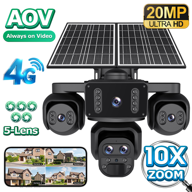 SECTEC 20MP Five Lens Four Screen 10X Zoom AOV 4G Solar Battery CCTV Security Camera 24/7 Floodlight IP66 PTZ AI Tracking Camera