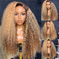 Perruque à dentelle frontale 13x6 avec mèches ombrées, cheveux humains, densité 250, blond miel 4/27, dentelle frontale transparente HD, perruque bouclée crépue pour femmes