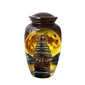 Goldene Vollmond-Segelschiff-Urne für Erwachsenenasche, Klassische Große Aluminium-Urne mit Kuppeldeckel, Gedenkurne für Beerdigungen - Product Image 1