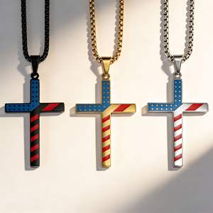 <b>Cross</b> American Flag Stainless Steel Necklace Unisex Hip Hop Fashion Pendant - Product Image 1