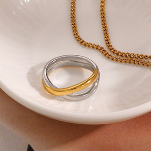 Geometric Stainless Steel <b>Ring</b> 18K Gold <b>Silver</b> Color Blocking Double Band Unisex Fashion Jewelry Gift - Product Image 1