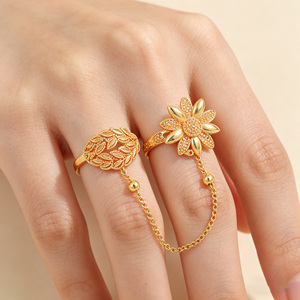 Anillo Doble <span class=keywords><strong>de</strong></span> Lujo con Filigrana <span class=keywords><strong>de</strong></span> Girasol <span class=keywords><strong>de</strong></span> Dubái, Chapado en <span class=keywords><strong>Oro</strong></span> <span class=keywords><strong>de</strong></span> 18K, Estilo Árabe, Anillo <span class=keywords><strong>de</strong></span> Cadena Ajustable para Mujer - Product Image 2