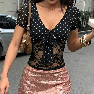 Y2K Polka Dot Color Block Summer T-Shirt Women V-Neck Sheer Lace <b>Patchwork</b> Short Sleeve Slim Fit Bowknot <b>Top</b> - Product Image 5