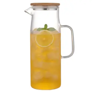 1L 1.2L 1.5L Clear Drink Ware Supplies Cold Water Juice Tea Glass Pitcher Jugs Sets wth bamboo wooden lids glass water pitcher