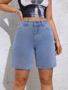 กางเกงยีนส์ขาสั้นเอวสูงสำหรับผู้หญิงกางเกงขากว้างกางเกงขาสั้นทรงตรงสีน้ำเงินวินเทจสำหรับฤดูร้อน - Product Image 6