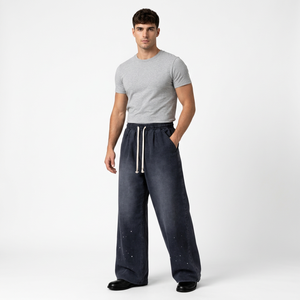 <b>Men's</b> Wide Leg Cotton Joggers <b>Elastic</b> <b>Waist</b> Drawstring Casual Pants Breathable Midweight Washed Style Autumn Wear <b>Trousers</b> - Product Image 1