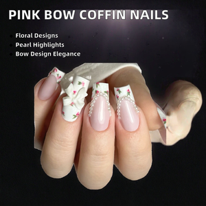 <span class=keywords><strong>Faux</strong></span> <span class=keywords><strong>ongles</strong></span> longs en forme de cercueil rose à bout français avec un design en forme d'arc, portables, couvrant entièrement la <span class=keywords><strong>manucure</strong></span> pour femmes - Product Image 2