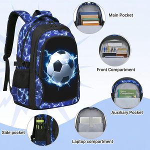 <span class=keywords><strong>Sac</strong></span> à <span class=keywords><strong>dos</strong></span> scolaire de <span class=keywords><strong>football</strong></span> pour garçons 18 pouces grande capacité en cuir microfibre imperméable avec port de chargement USB et fermeture éclair, bretelles - Product Image 3