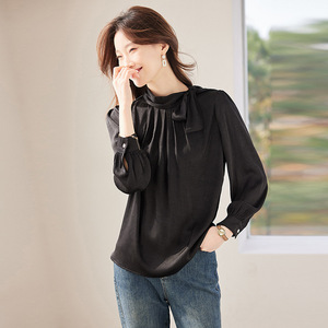 White Bow <b>Tie</b> Blouse Women Spring Summer Acetate Satin Solid Color Everyday Wear - Product Image 3