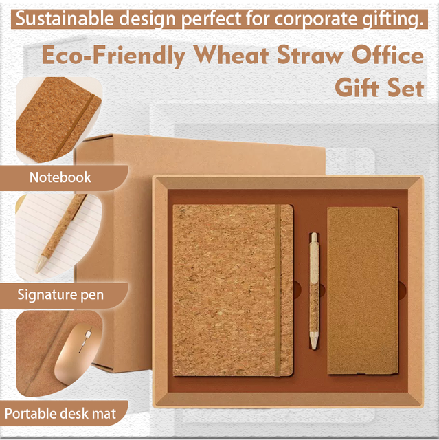 Custom Eco-Friendly Cork Wood Office Gift Set Notebook with Pen & Desk Mat Promotional Business Gift UV Printed Logo