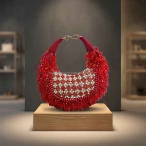 Bolso de Noche de Media Luna Bordado de Alta Calidad con Cuentas, Asa de Anillo, Hecho a Mano, Cierre de Cremallera con Cuentas Rojas, Elegante Bolso de Fiesta - Product Image 3