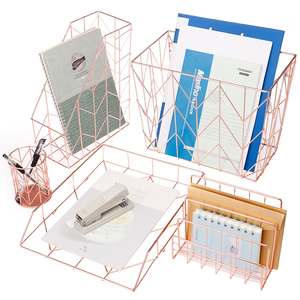 Desk Organizer Set Metal Wire Desk Organizer Rose Gold Wire Metal 5 Pieces With Letter Sorter Paper Tray File Basket Pen Cup Storage Holder Rack Desk Organizer Set