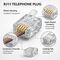 Conector RJ11 Personalizado, Enchufe Modular 6P4C, Contacto Chapado en Oro para Conexión de Línea Telefónica y Máquina de Fax, Anti-Oxidación, 100 Unidades